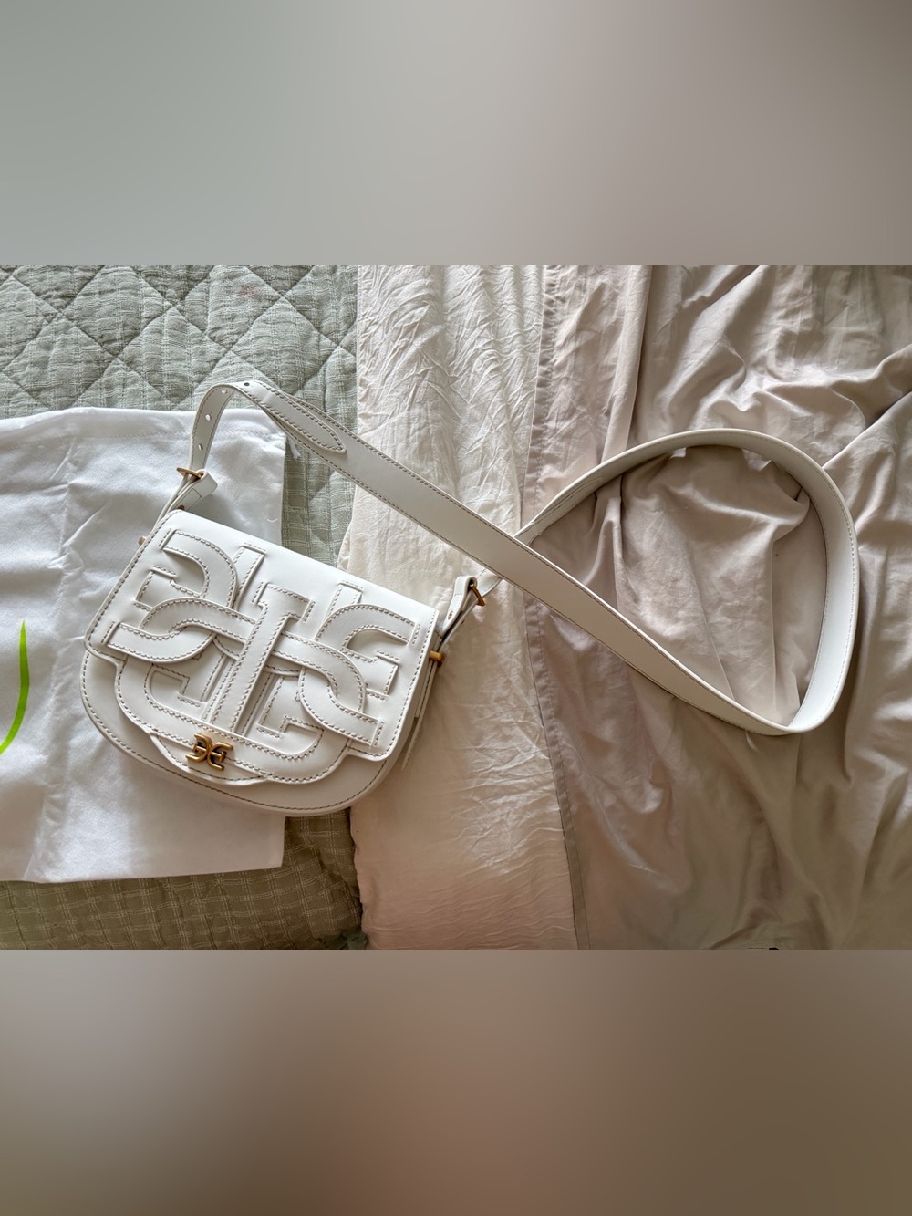 Sam Edelman White Sculpted-Stitch Leather Crossbody with Gold Trim